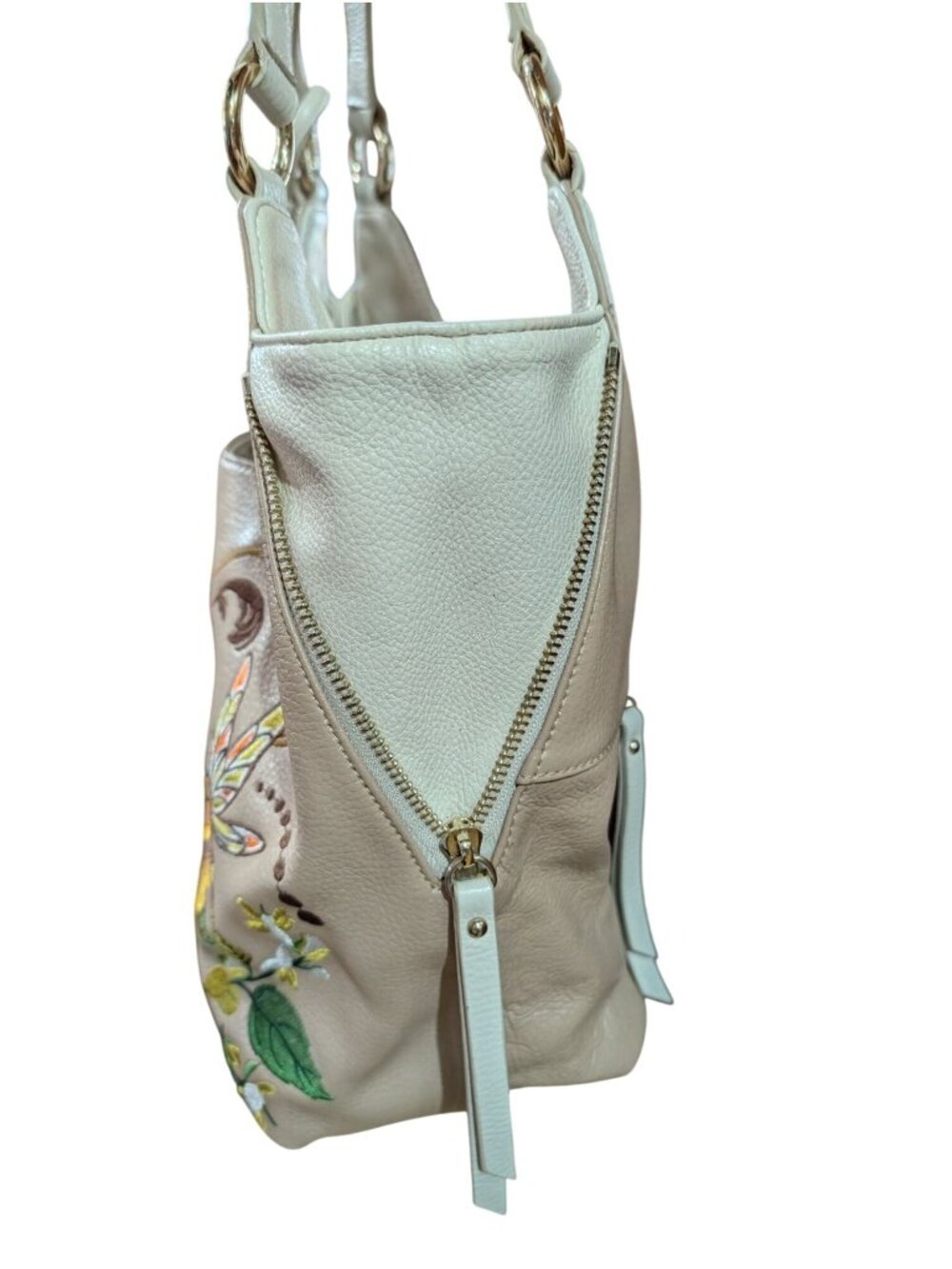 Sharif Sunflower Embroidered Beige Leather Shoulder Bag Purse w/ Wristlet - Picture 4 of 12